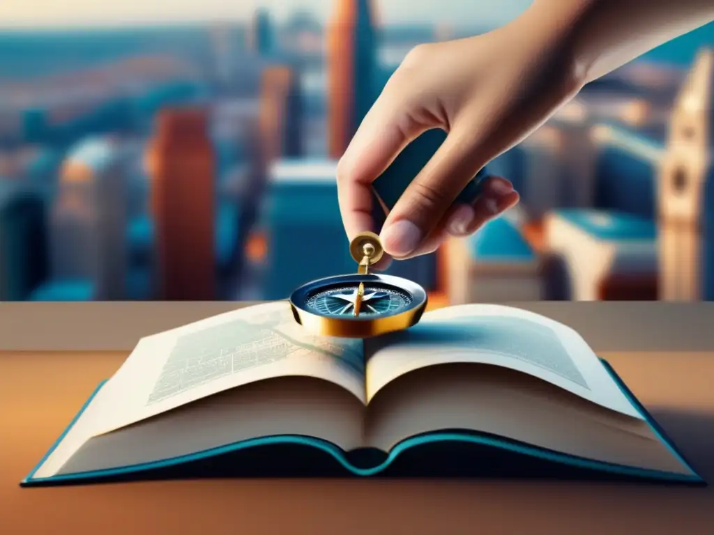 Mano sosteniendo brújula en libro Estrategias de admisión universitaria innovadoras en una imagen minimalista y moderna con alto nivel de detalle