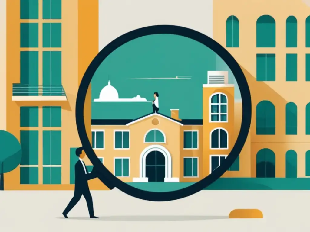 Estrategias persuasivas universitarias Estrategias de persuasión universitaria: Ilustración minimalista y moderna de una persona con lupa frente a un edificio universitario reflejado