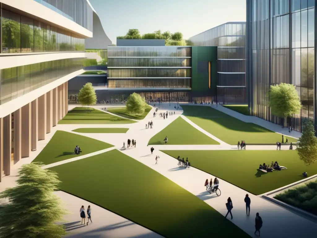 Universidad moderna y verde, ideal para una estrategia de admisión sólida Estrategias de admisión universitaria en una moderna y minimalista universidad con campus verde y edificios contemporáneos