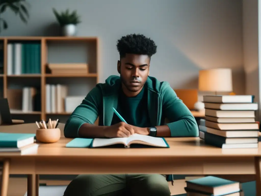 Estudiante motivado en un espacio de estudio organizado Estudiante con actitud ganadora en admisiones universitarias