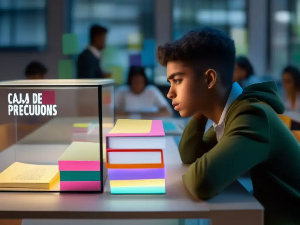 Estudiante ansioso rodeado de caja de preocupaciones Estudiante ansioso con caja de preocupaciones: técnica para ansiedad universitaria