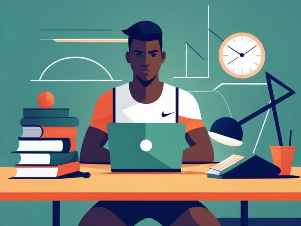 Estudiante atleta comprometido con el éxito Estudiante atleta enfocado en la preparación SAT y ACT, equilibrando libros, laptop y equipo deportivo