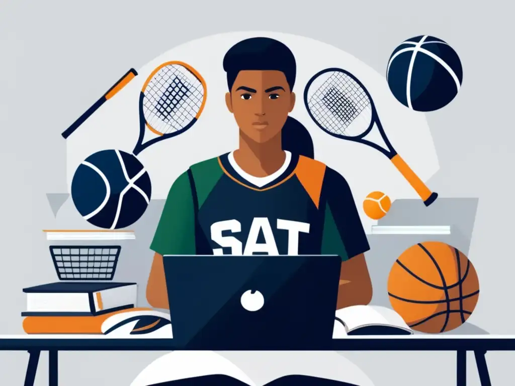 Estudiante atleta preparándose para exámenes Preparación SAT y ACT: estudiante atleta enfocado rodeado de equipo deportivo