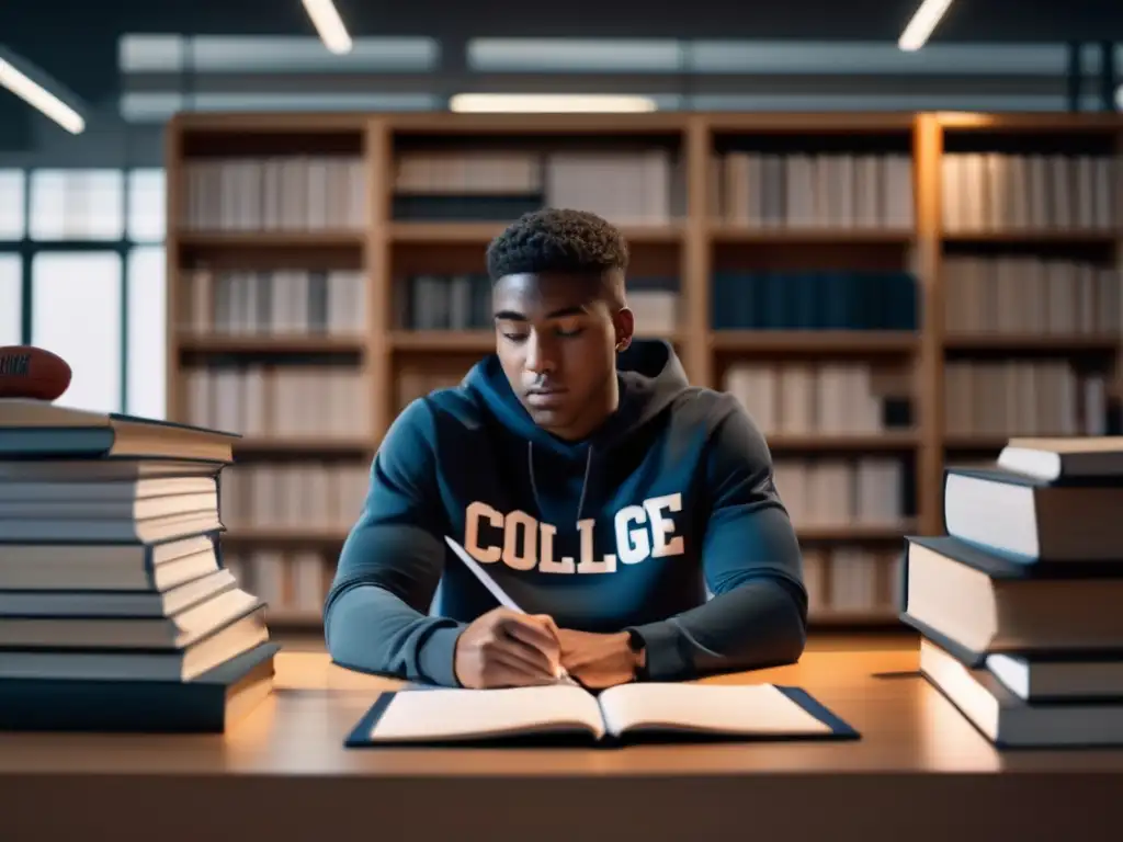 Estudiante atleta evaluando opciones Estudiante atleta analizando opciones académicas y atléticas en un entorno minimalista y moderno