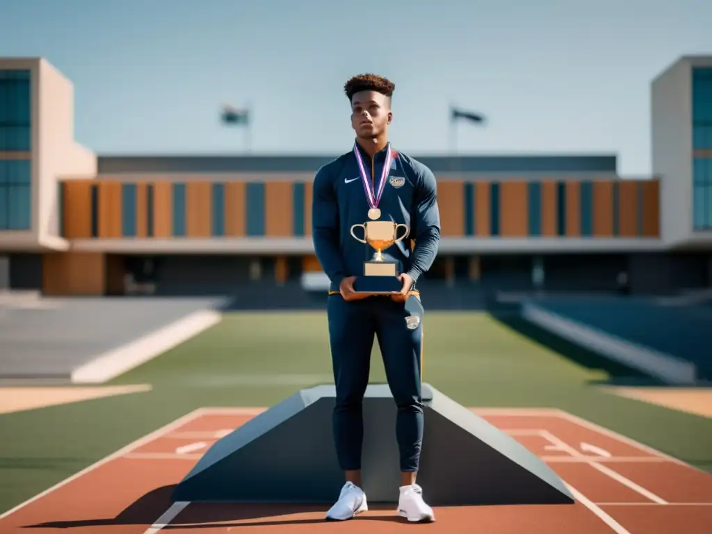 Estudiante atleta triunfante en podio con campus universitario Estudiante atleta en podio con trofeo, reflejando el branding personal para estudiantes atletas universitarios
