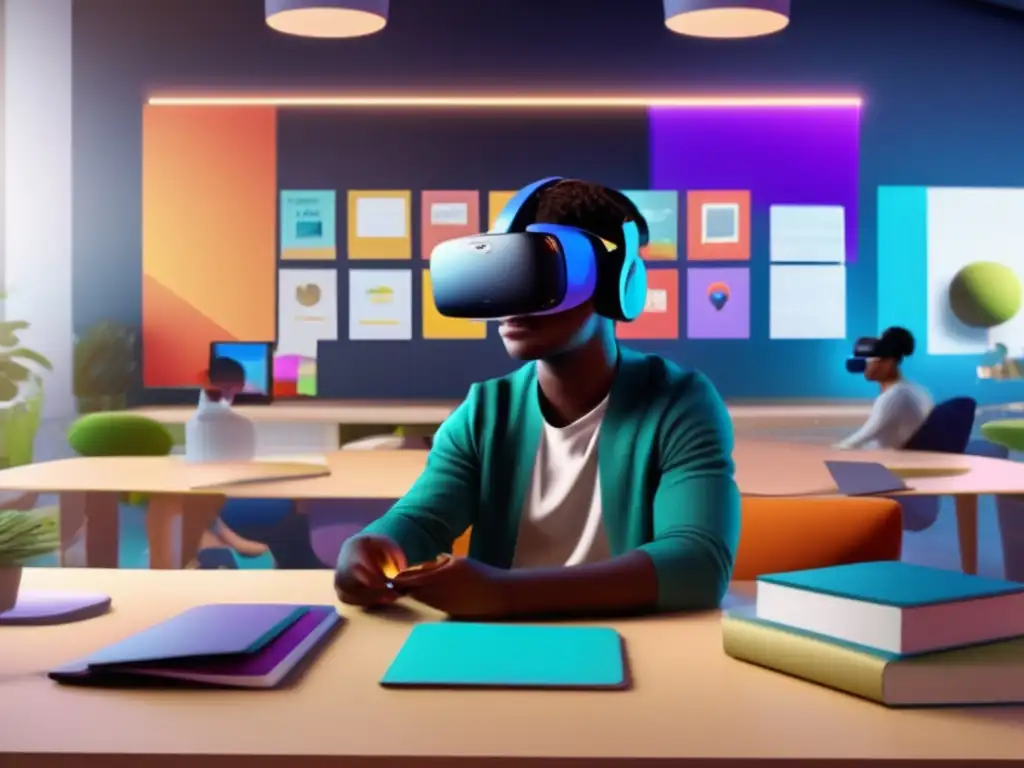 Estudiante en aula virtual con realidad virtual Estudiante en aula virtual con beneficios de la Realidad Virtual en exámenes de admisión