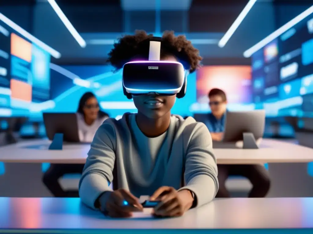 Estudiante inmerso en aula virtual con realidad virtual Estudiante con auriculares de realidad virtual en aula virtual: Beneficios de la Realidad Virtual en Exámenes de Admisión