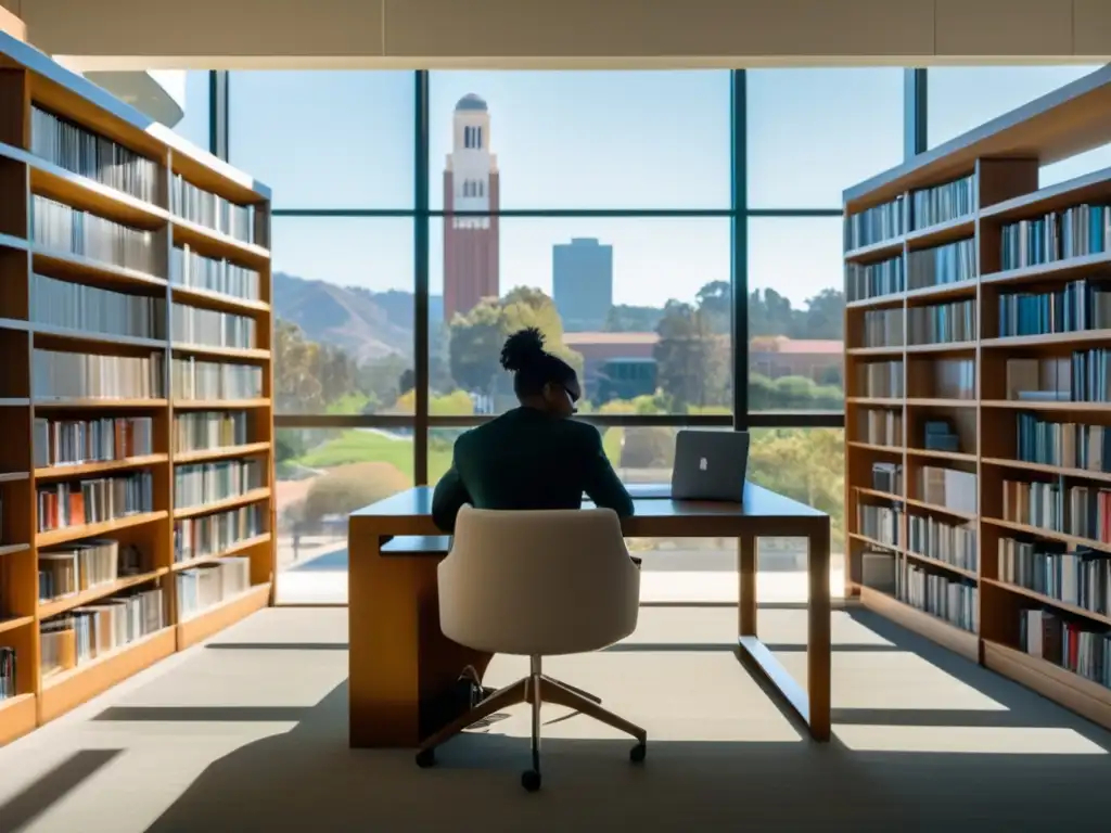 Estudiante estudiando en biblioteca moderna Estudiante en biblioteca de UCLA, estrategias de admisión exitosas
