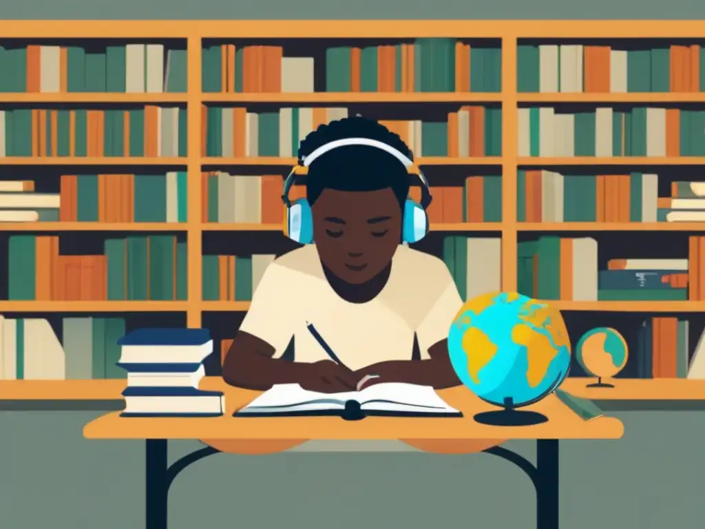 Estudiante en biblioteca con globo y libros Estudiante en biblioteca con globos y libros - Beneficios programas intercambio estudiantes internacionales