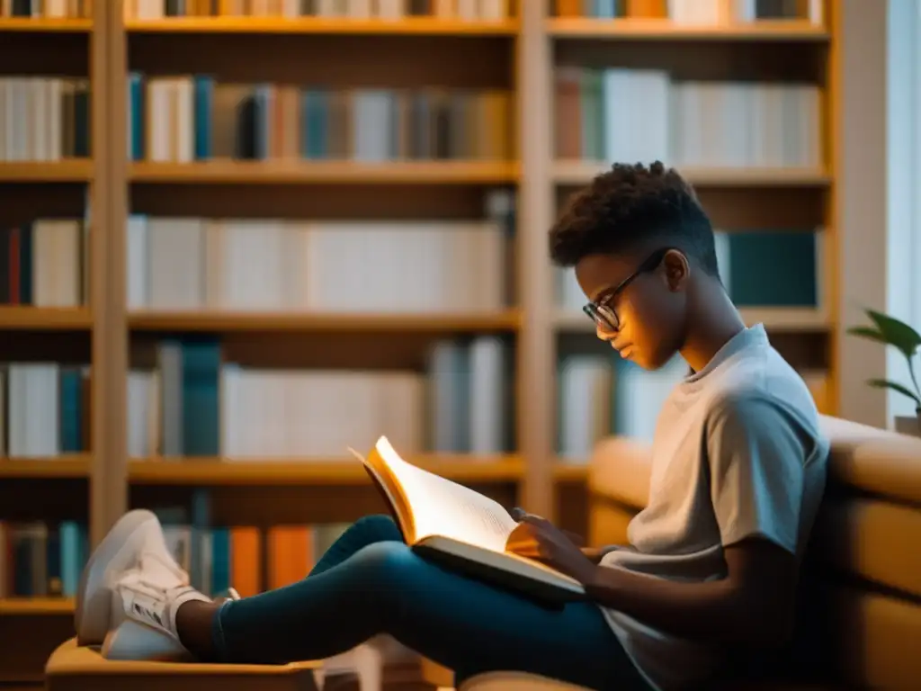 Estudiante inmerso en conocimiento y crecimiento personal Estudiante en biblioteca, libro y estrategias de storytelling para entrevistas universitarias