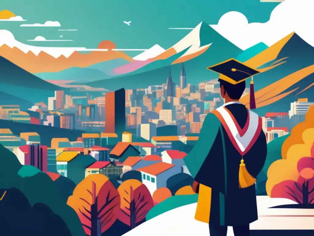 Logro estudiantil en comunidad vibrante Estudiante de sociología en la cima de una montaña, mirando una vibrante comunidad urbana