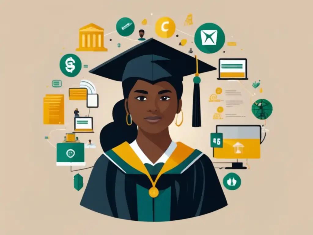 Estudiante de bajos recursos rodeado de recursos educativos Estudiante de comunidad de bajos ingresos rodeado de recursos, incluyendo becas, tutorías y programas de preparación universitaria