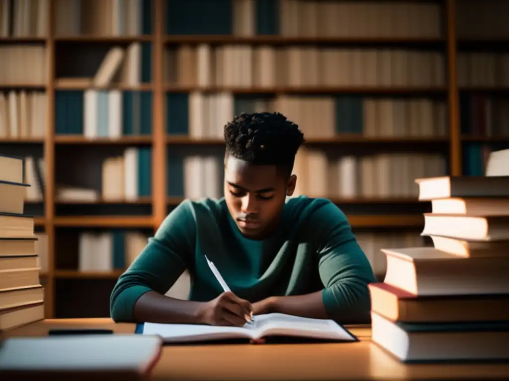 Estudiante concentrado escribiendo un ensayo Estudiante concentrado escribiendo ensayo para admisión universitaria - Importancia de los ensayos personales en admisiones universitarias