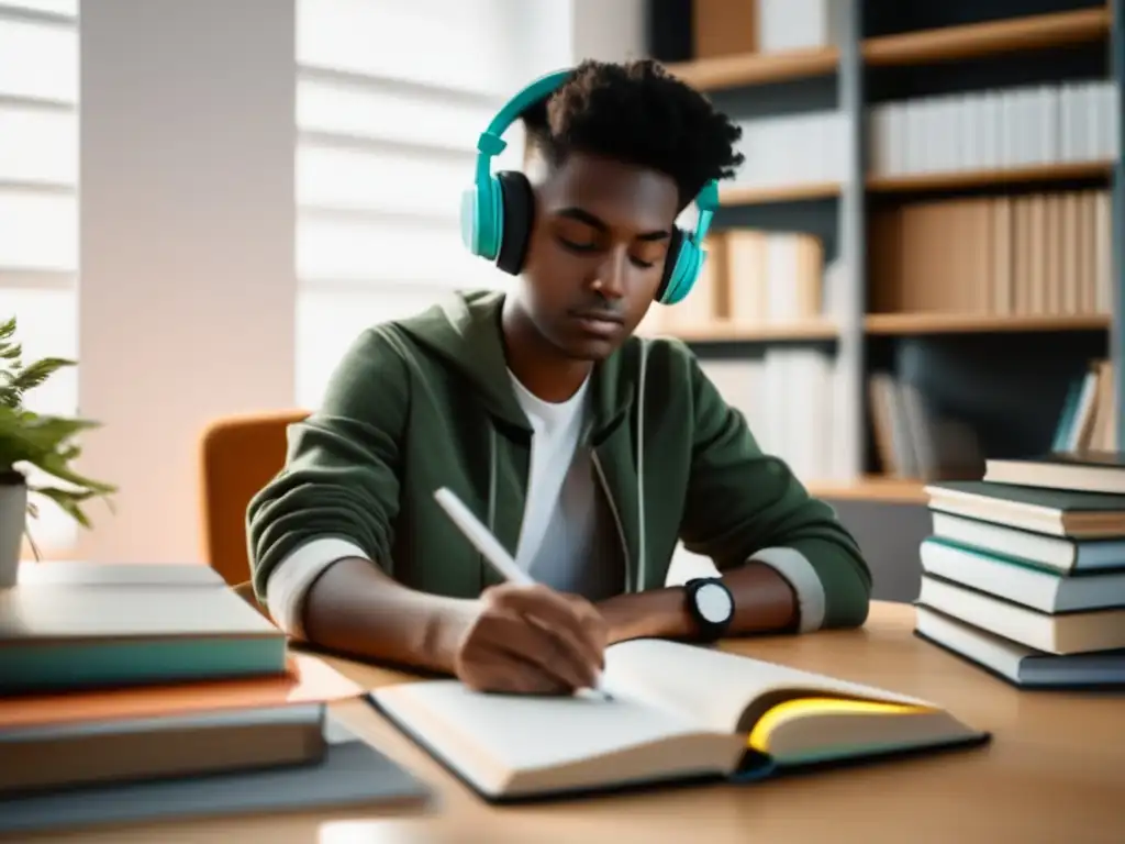 Estudiante enfocado en su escritorio Estudiante concentrado en su escritorio, preparándose para exámenes de admisión universitaria