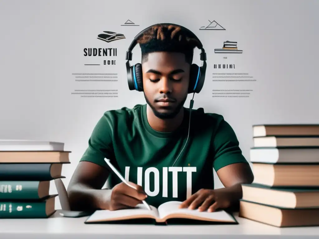 Estudiante concentrado en escritorio Estudiante concentrado en un escritorio organizado con libros y materiales de estudio
