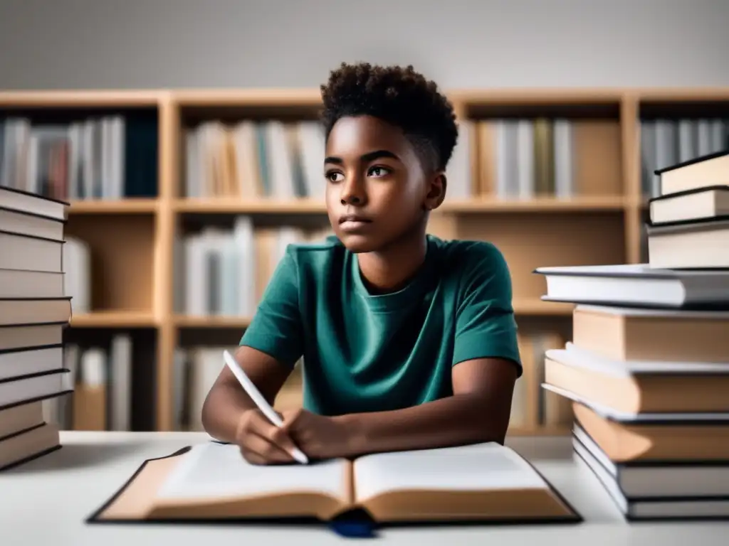 Estudiante enfocado rodeado de libros y papeles en un escritorio Estudiante concentrado con escritorio organizado: Consejos para manejar el estrés durante el proceso de admisión universitaria en América Latina