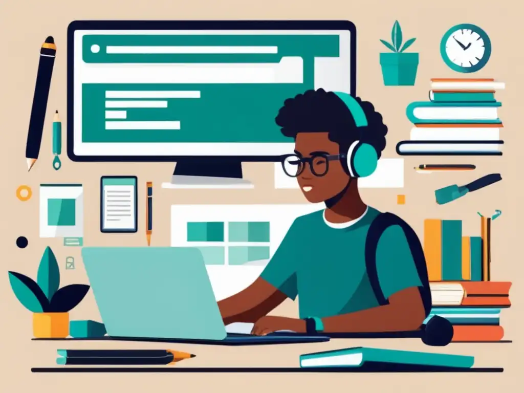 Estudiante enfocado en escritorio Estudiante concentrado en escritorio con recursos para explorar intereses y aptitudes