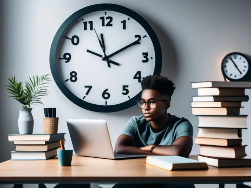 Estudiante enfocado con eficiente gestión del tiempo Estudiante concentrado en un escritorio, con reloj y libros, resaltando secretos para destacar en admisiones universitarias
