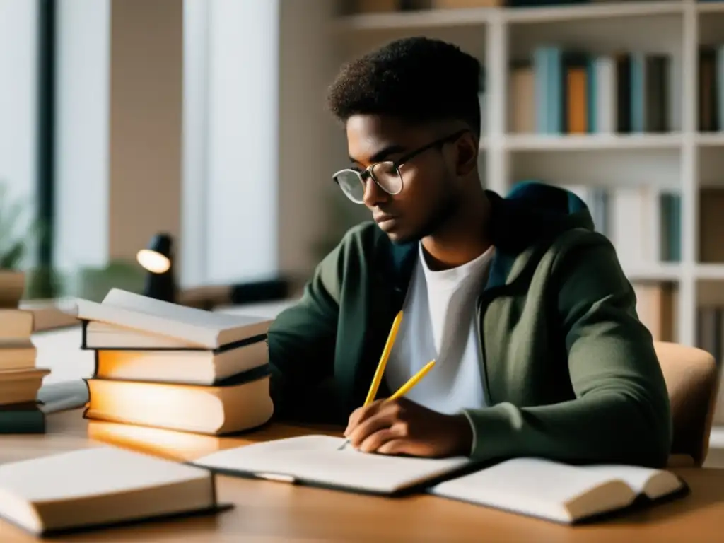 Estudiante enfocado en el estudio Estudiante concentrado en su escritorio, rodeado de libros y materiales de estudio