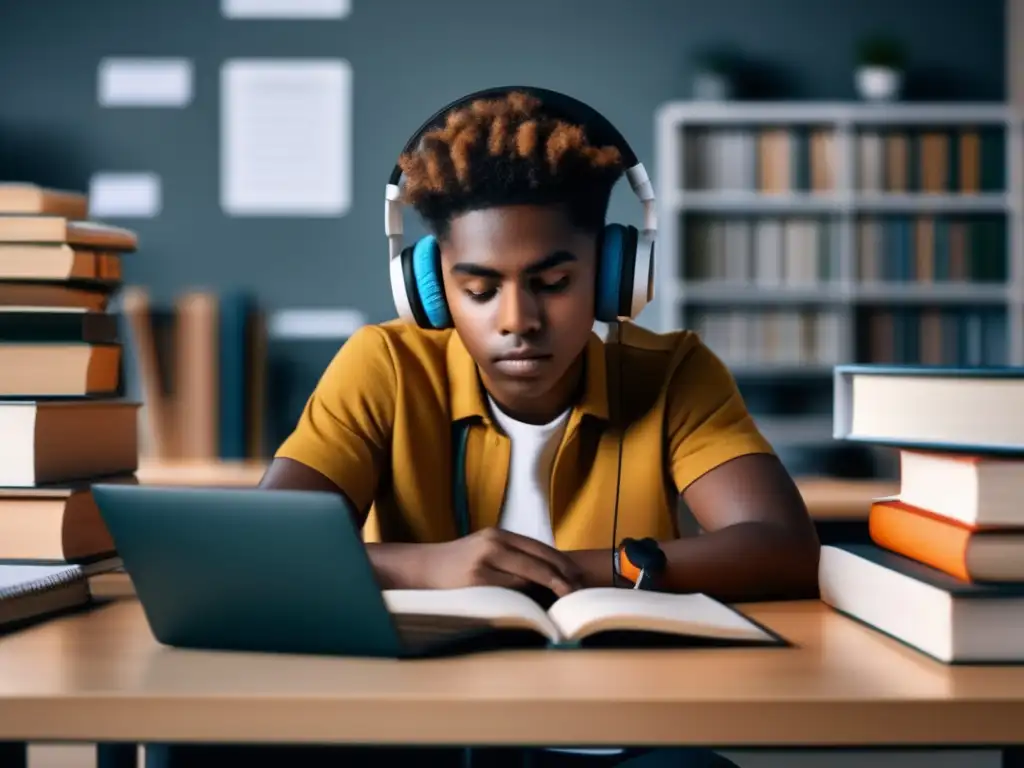 Estudiante enfocado en su escritorio con libros y materiales de estudio Estudiante concentrado en su escritorio rodeado de libros y materiales de estudio, preparado para entrevista universitaria