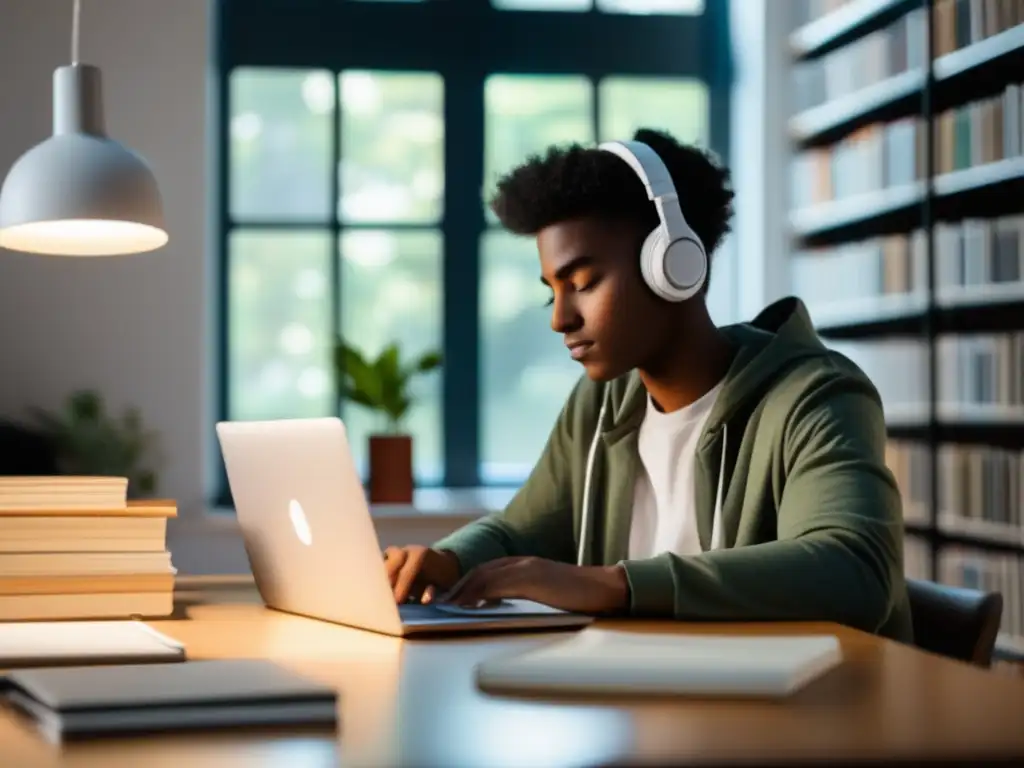Estudiante concentrado en proceso de admisión universitaria Estudiante concentrado en su escritorio, rodeado de libros y materiales de estudio
