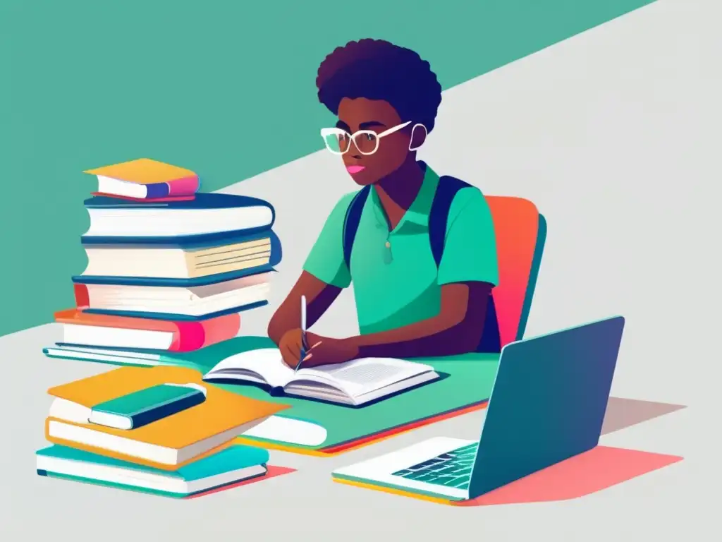 Estudiante enfocado en el estudio Estudiante concentrado en su escritorio, rodeado de libros y una laptop