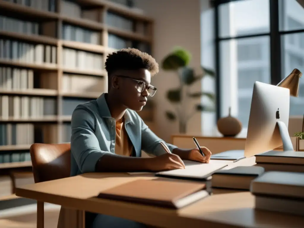 Estudiante enfocado en espacio de estudio moderno Estudiante concentrado en estudio minimalista, preparación personalizada entrevistas admisión universitaria