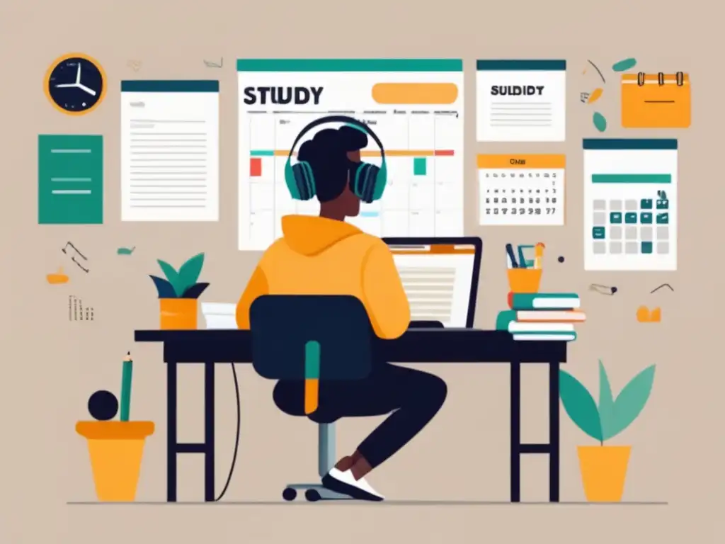 Estudiante enfocado y organizado en su escritorio Estudiante concentrado en el estudio para exámenes SAT y ACT con plan de estudio para admisiones universitarias
