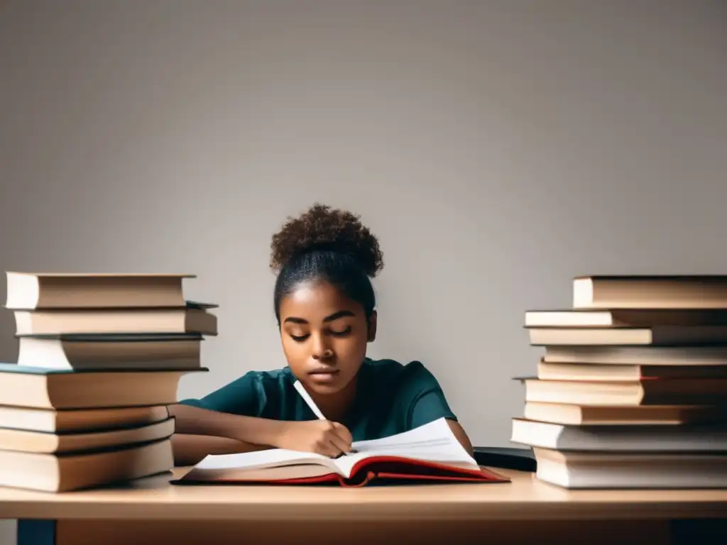 Estudiante dedicado en un entorno de estudio Estudiante concentrado en sus estudios, rodeado de libros y notas, transmitiendo determinación y ambición