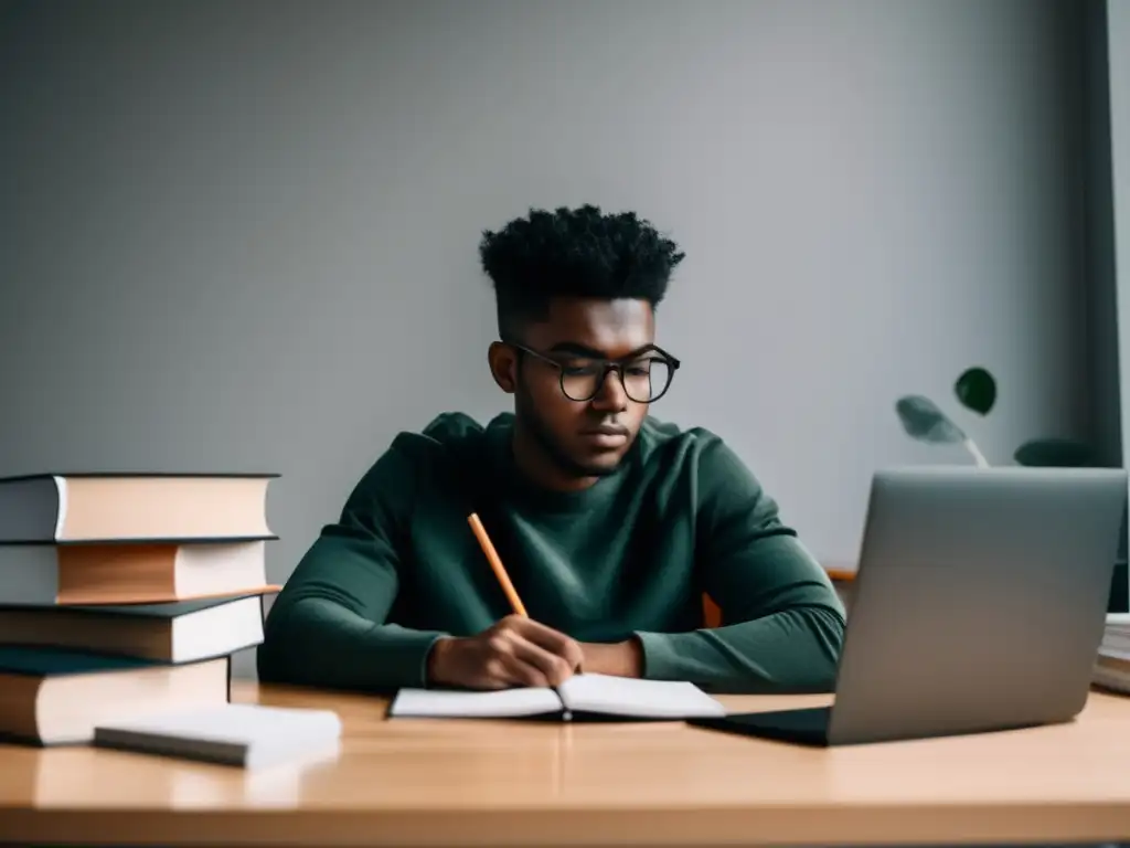Estudiante concentrado en su escritorio Estudiante concentrado preparando exámenes admisión universitaria internacionales