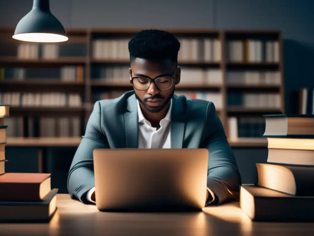 Estudiante enfocado con libros y laptop Estudiante concentrado trabajando y estudiando, guía completa admisiones universitarias