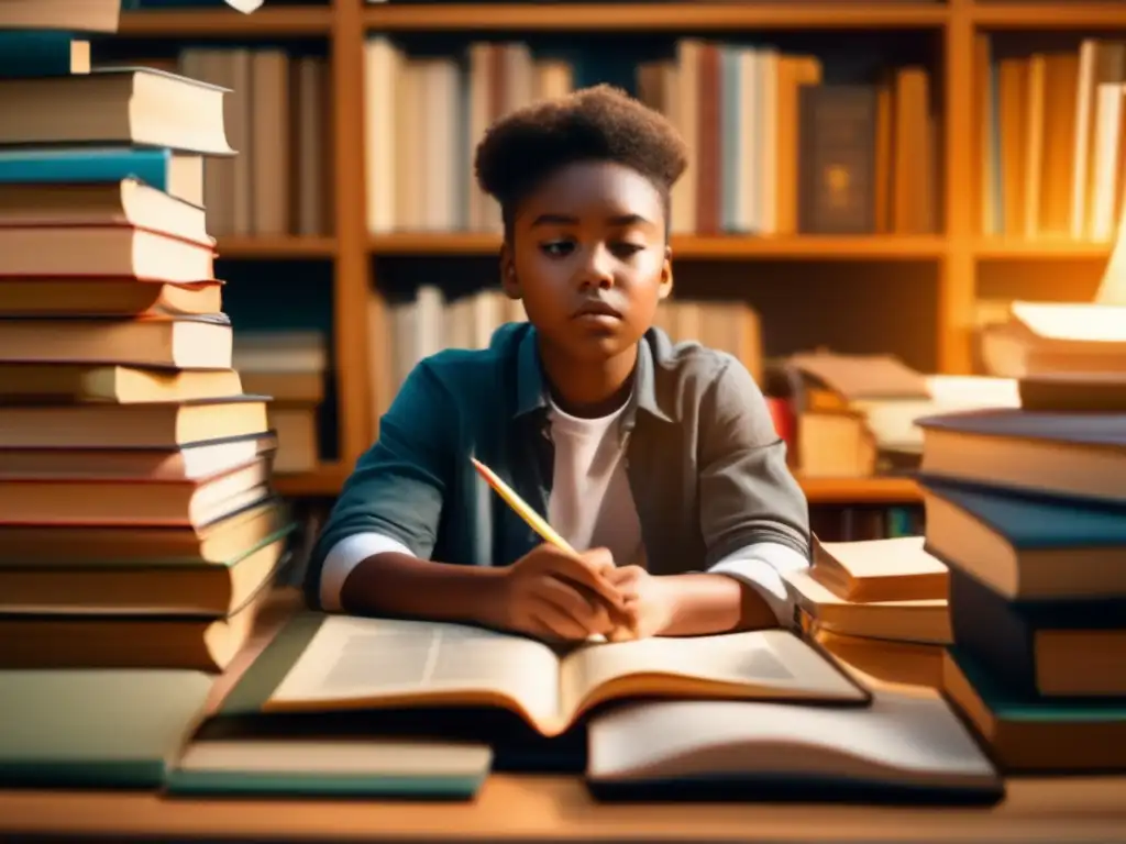 Estudiante concentrado rodeado de libros de historia y geografía Estudiante concentrado con libros de historia y geografía