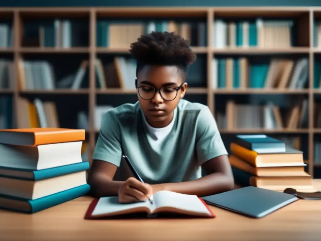 Joven estudiante concentrado en su escritorio Estudiante concentrado con libros, laptop y materiales de estudio - Importancia de la asesoría universitaria