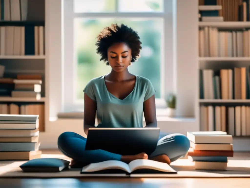 Estudiante en calma y concentrado practicando mindfulness Estudiante concentrado practicando mindfulness en un entorno luminoso y organizado - Beneficios del mindfulness en admisiones universitarias