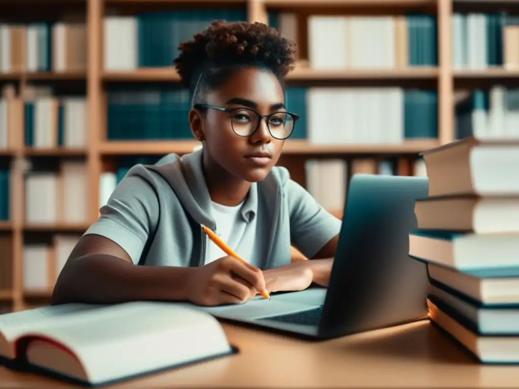 Estudiante concentrado en su escritorio Estudiante concentrado en una moderna área de estudio, rodeado de libros y recursos académicos, escribiendo una carta motivacional