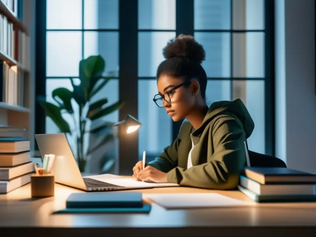 Estudiante concentrado en escritorio moderno Estudiante concentrado en moderno escritorio universitario - Planificación admisiones universitarias cursos online