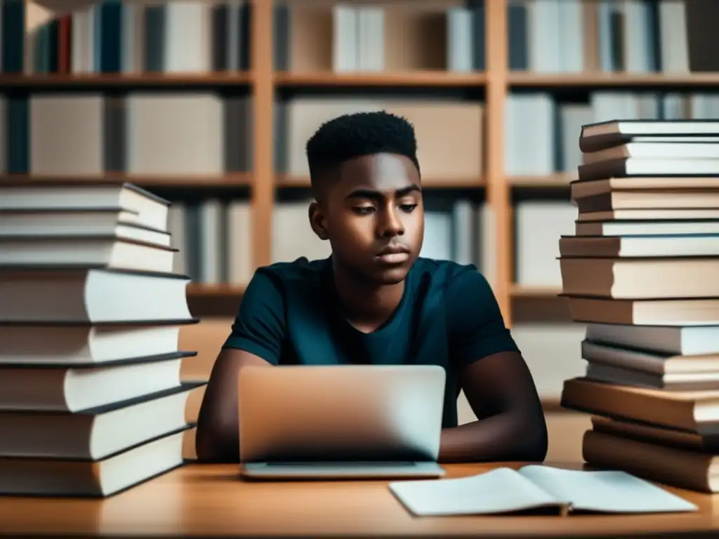 Estudiante concentrado en su escritorio con libros y laptop Estudiante concentrado en el proceso de admisiones universitarias