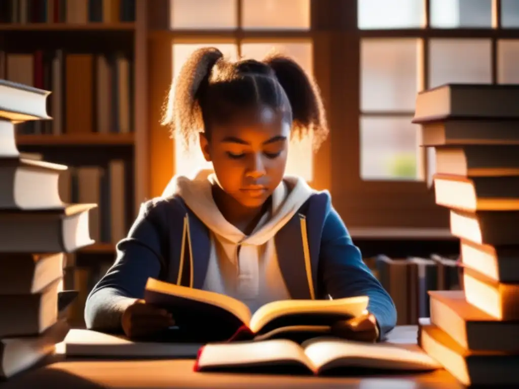 Estudiante concentrado en la lectura Estudiante concentrado rodeado de libros, mostrando la importancia de la educación