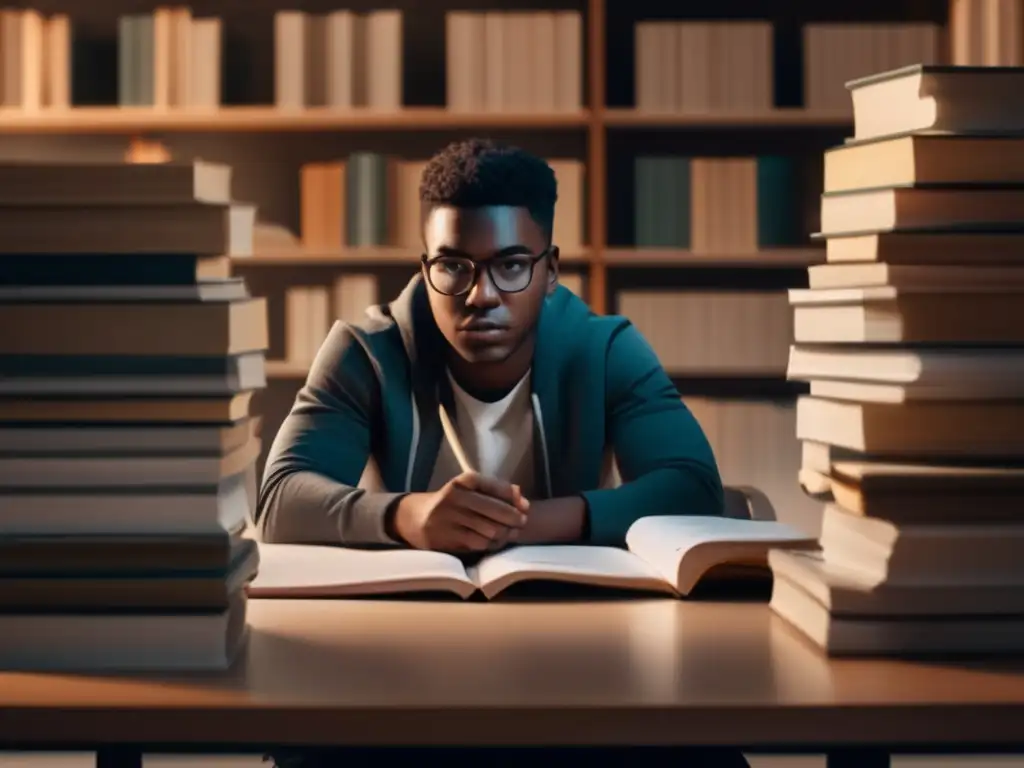 Estudiante bajo presión Estudiante concentrado rodeado de libros y papeles, con diseño minimalista