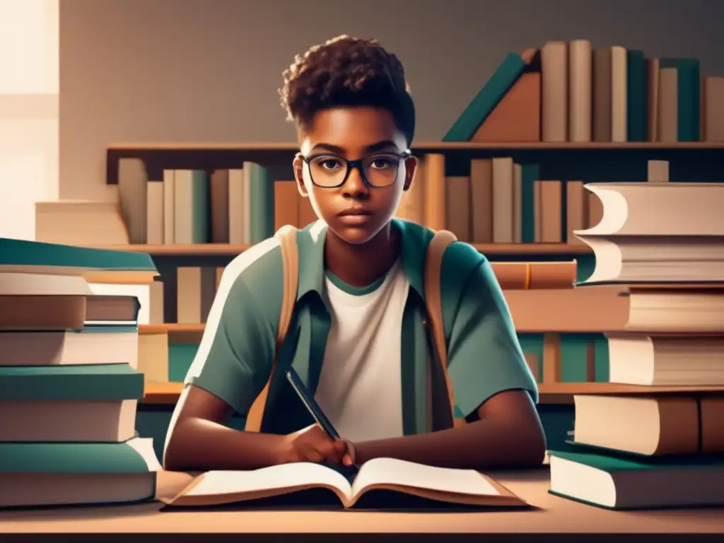 Estudiante concentrado rodeado de libros y papeles Estudiante concentrado, rodeado de libros y papeles, resaltando la importancia de la autoestima en las pruebas de ingreso
