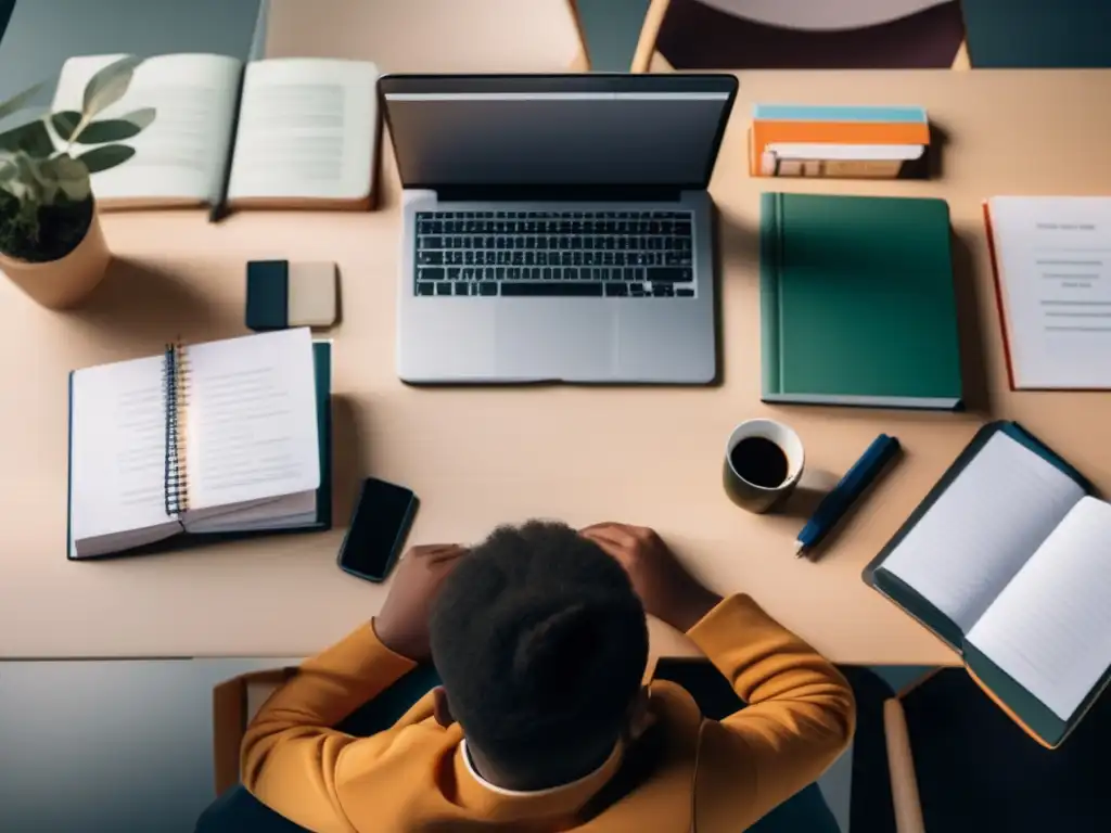 Estudiante concentrado en escritorio con recursos educativos Estudiante concentrado rodeado de recursos educativos, en una imagen ultradetallada 8k