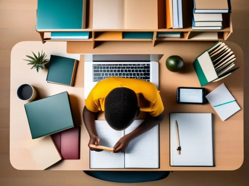 Estudiante enfocado rodeado de libros y materiales de estudio Estudiante determinado en comunidad de bajos ingresos preparándose para admisiones universitarias