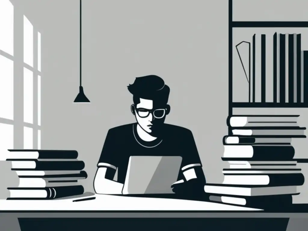 Estudiante concentrado con libros y papeles Estudiante determinado, rodeado de libros, papeles y con lápiz, representa estrategias para afrontar desafíos académicos