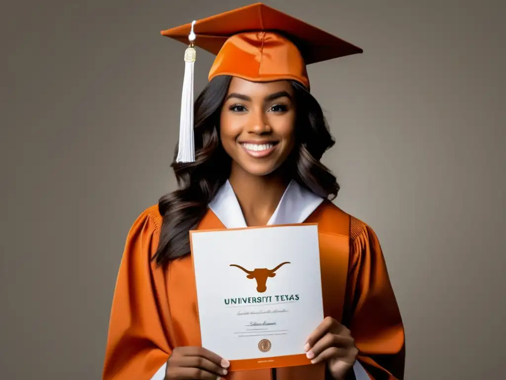 Estudiante con diploma UTexas Estudiante con diploma, gorra y toga, logo de la Universidad de Texas