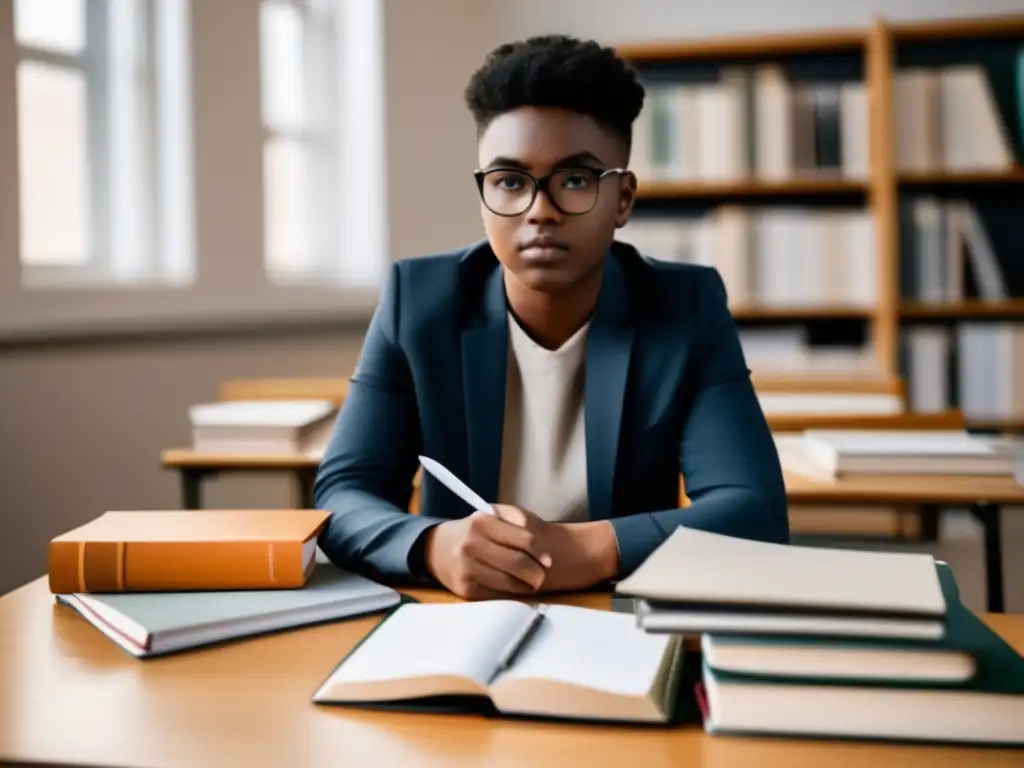 Estudiante organizado y enfocado Estudiante enfocado en admisiones universitarias con organización y preparación