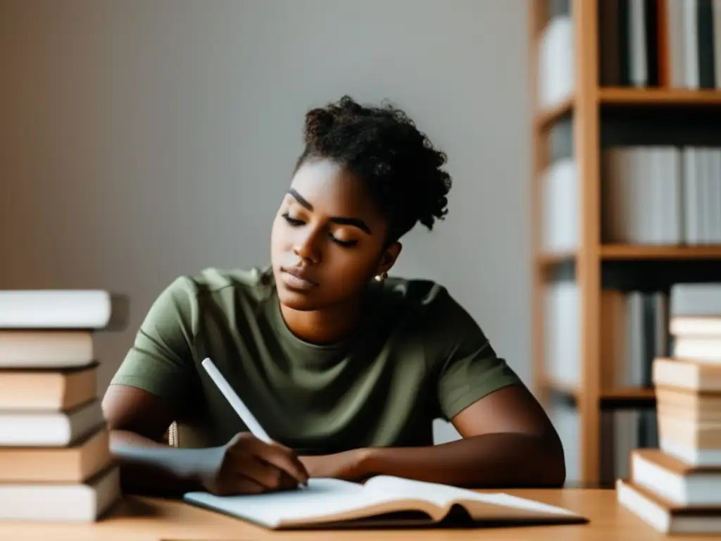 Estudiante enfocado en escritura Estudiante enfocado escribiendo ensayo, importancia del tono en ensayo universitario