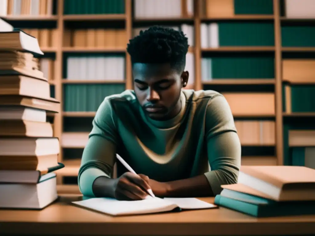 Estudiante concentrado escribiendo su ensayo Estudiante enfocado en ensayo universitario con ejemplos personales