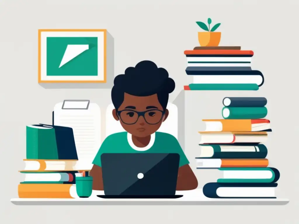 Estudiante enfocado y organizado Estudiante enfocado en su escritorio con libros y materiales de estudio