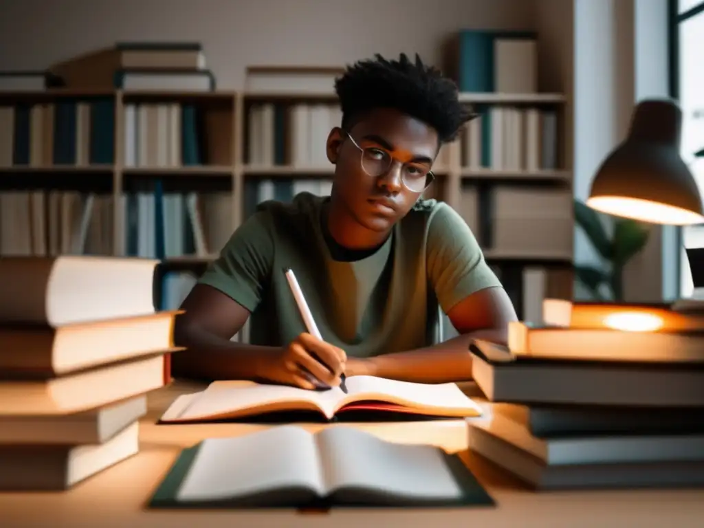 Estudiante enfocado y organizado en su escritorio Estudiante enfocado en un escritorio organizado, rodeado de libros y materiales de estudio