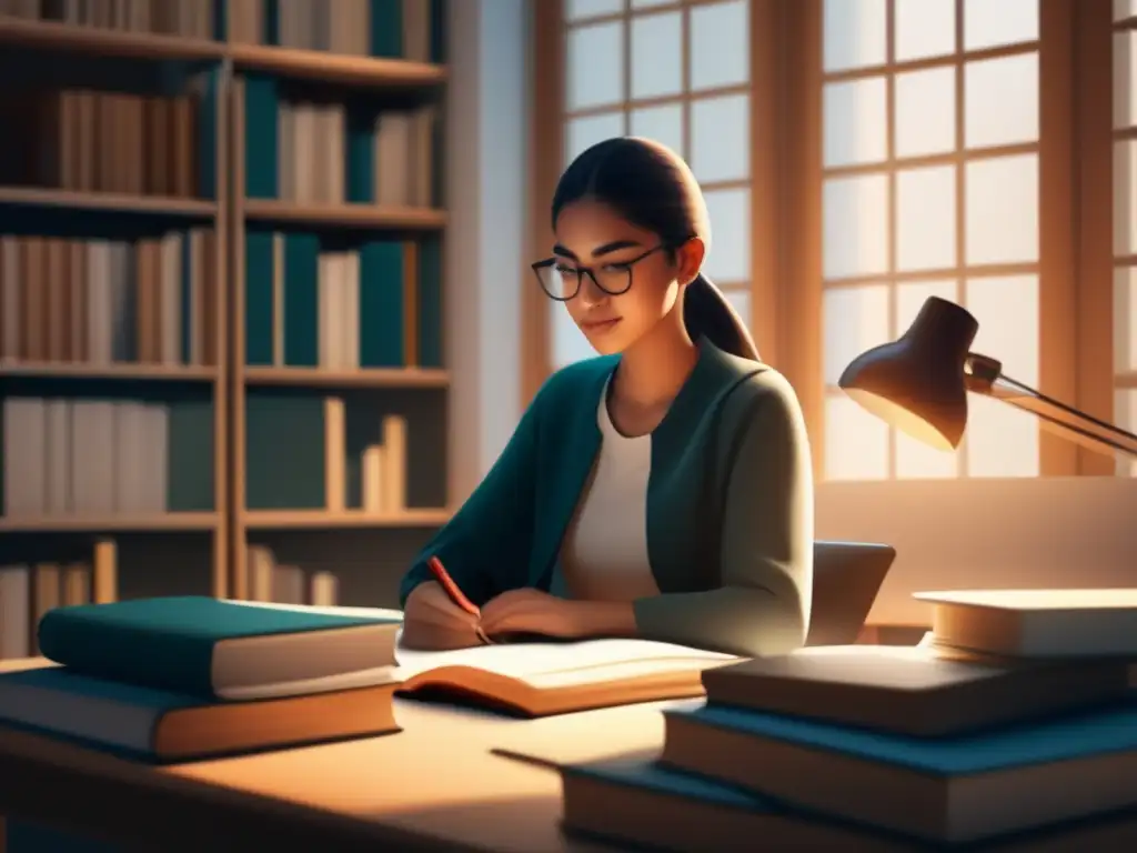 Estudiante enfocado en un escritorio Estudiante enfocado en un escritorio organizado rodeado de libros y materiales de estudio, con técnicas de relajación para exámenes